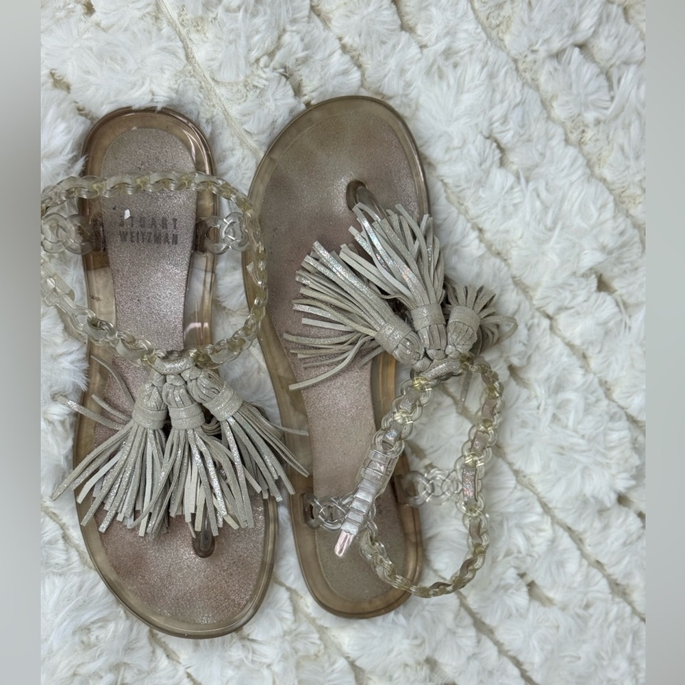 Stuart Weitzman Sandals Womens Tassels Flat Platinum Leather~SIZE 37